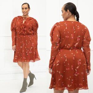 NWT Eloquii Rust Floral Bohemian Print Puff Long Sleeve Dress